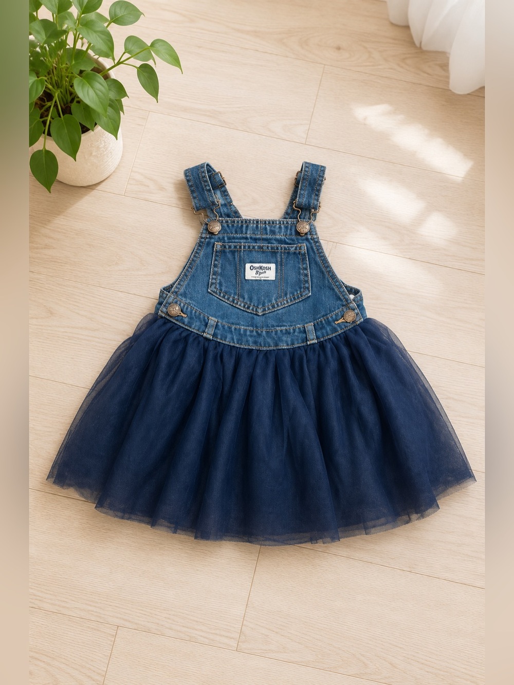 OshKosh B'Gosh Tulle Denim Jumper‎ Dress Sz 4T Navy Ruffle Overall Vestbak Jean